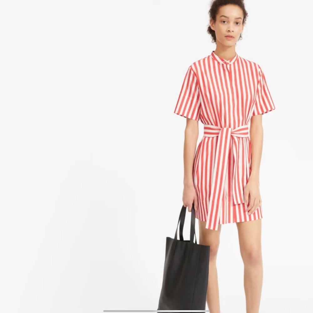 Everlane Orange Striped 100% Cotton Collarless Belted Shirtdress